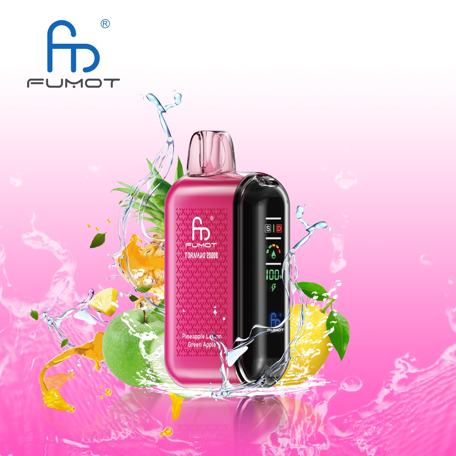 Fumot Tornado 20000 20K Puffs Vape Dual Mesh LED Display Disposable Vape in Pineapple Lemon Green Apple flavor