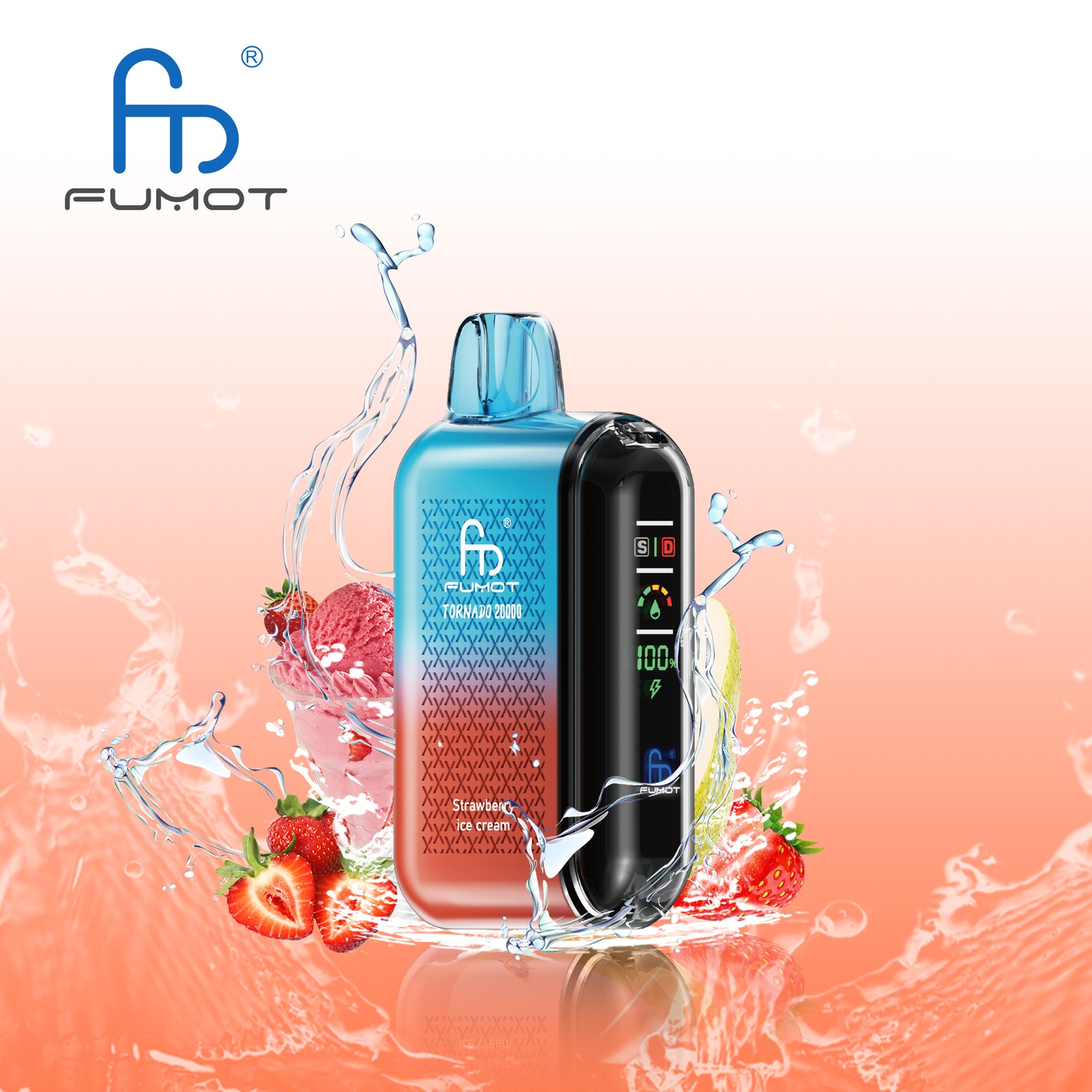 Fumot Tornado 20000 20K Puffs Vape Dual Mesh LED Display Disposable Vape in Strawberry Ice Cream flavor
