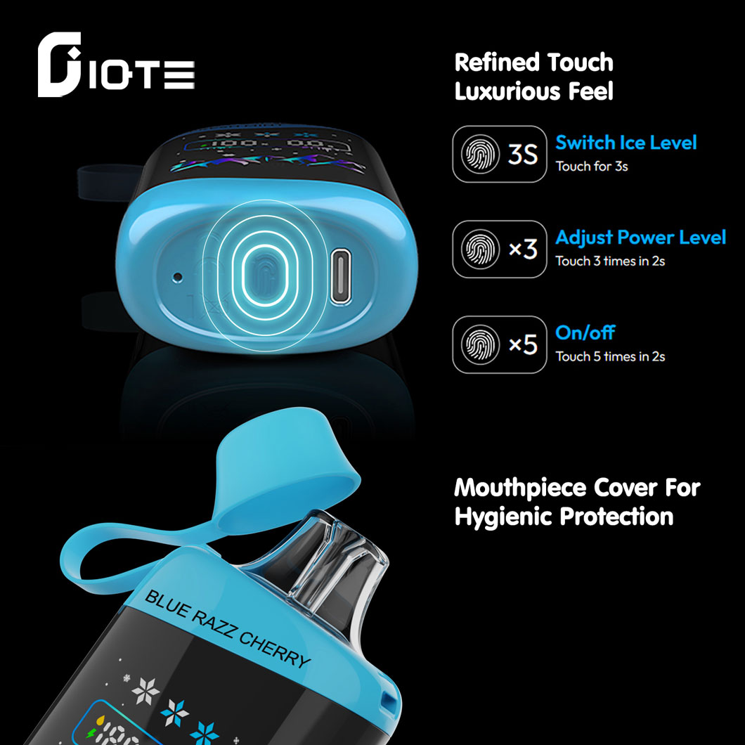 IQTE 45000 45k Puffs Advanced Fingerprint Touch Confrol LCD Display Disposable Vape in Blue Razz Cherry flavor