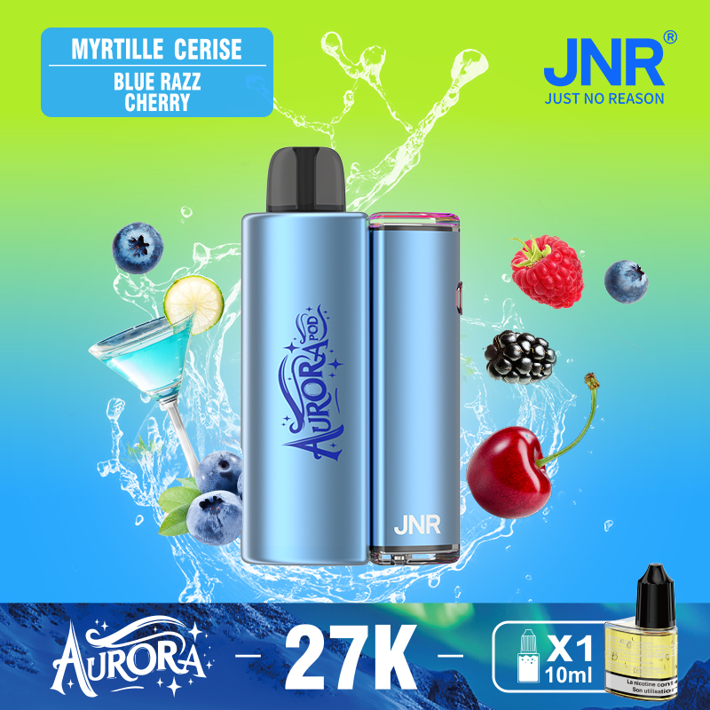 JNR Aurora 27K 27000 Puffs 2+10ml Replaceable Pod Kit Refillable Disposable Vape in Blue Razz Cherry flavor