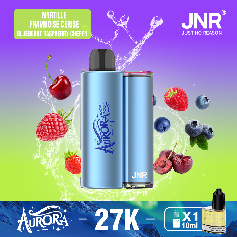 JNR Aurora 27K 27000 Puffs 2+10ml Replaceable Pod Kit Refillable Disposable Vape in Blueberry Raspberry Cherry flavor