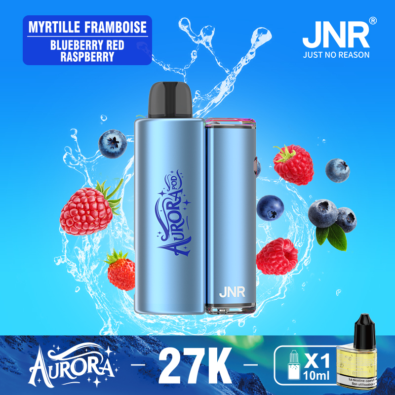 JNR Aurora 27K 27000 Puffs 2+10ml Replaceable Pod Kit Refillable Disposable Vape in Blueberry Red Raspberry flavor