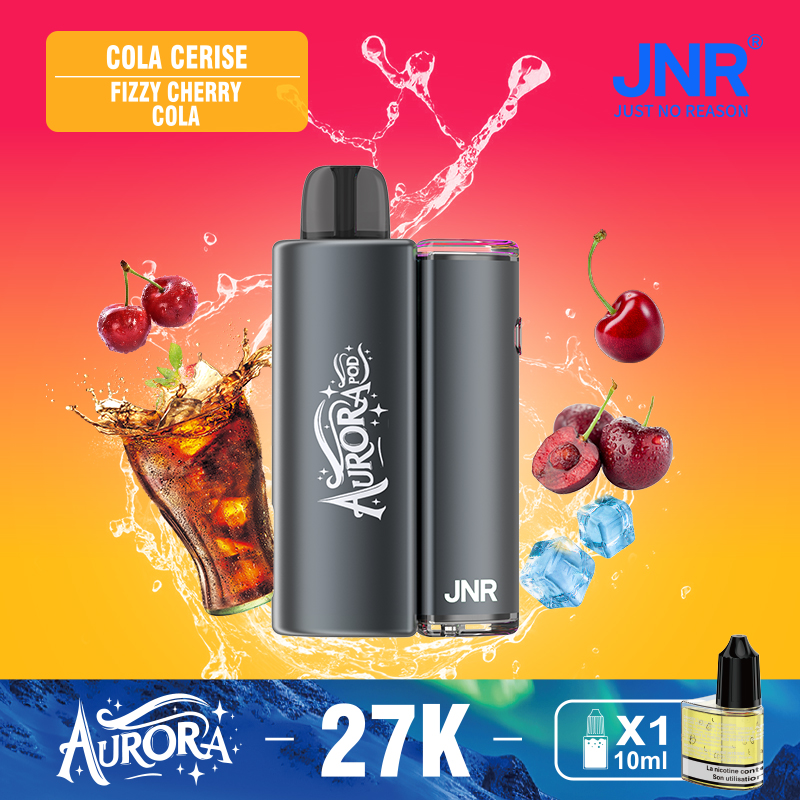 JNR Aurora 27K 27000 Puffs 2+10ml Replaceable Pod Kit Refillable Disposable Vape in Fizzy Cherry Cola flavor