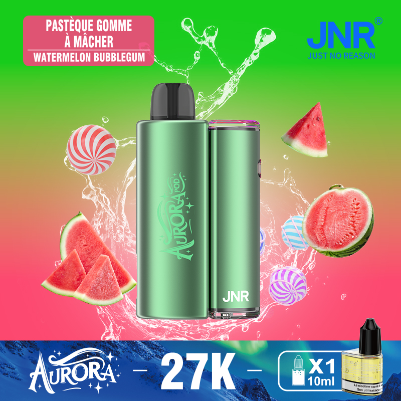 JNR Aurora 27K 27000 Puffs 2+10ml Replaceable Pod Kit Refillable Disposable Vape in Watermelon Bubblegum flavor