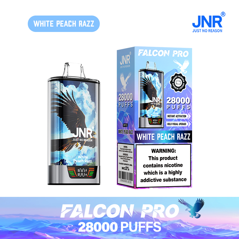 JNR Falcon Pro 28000 28K Puffs Model LED Display Disposable Vape in White Peach Razz flavor