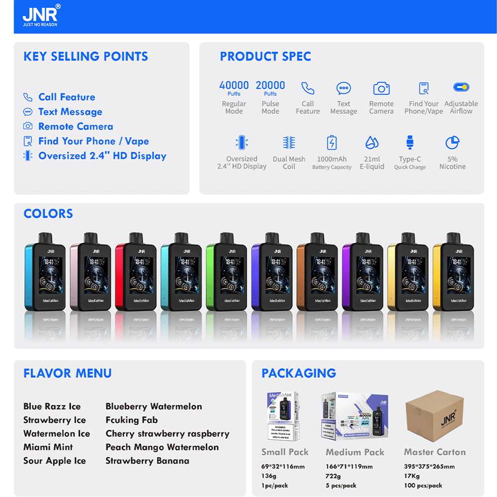 JNR Media Max 40000 40K Puffs Intelligent Disposable Vape in jnr media max 40000 flavor