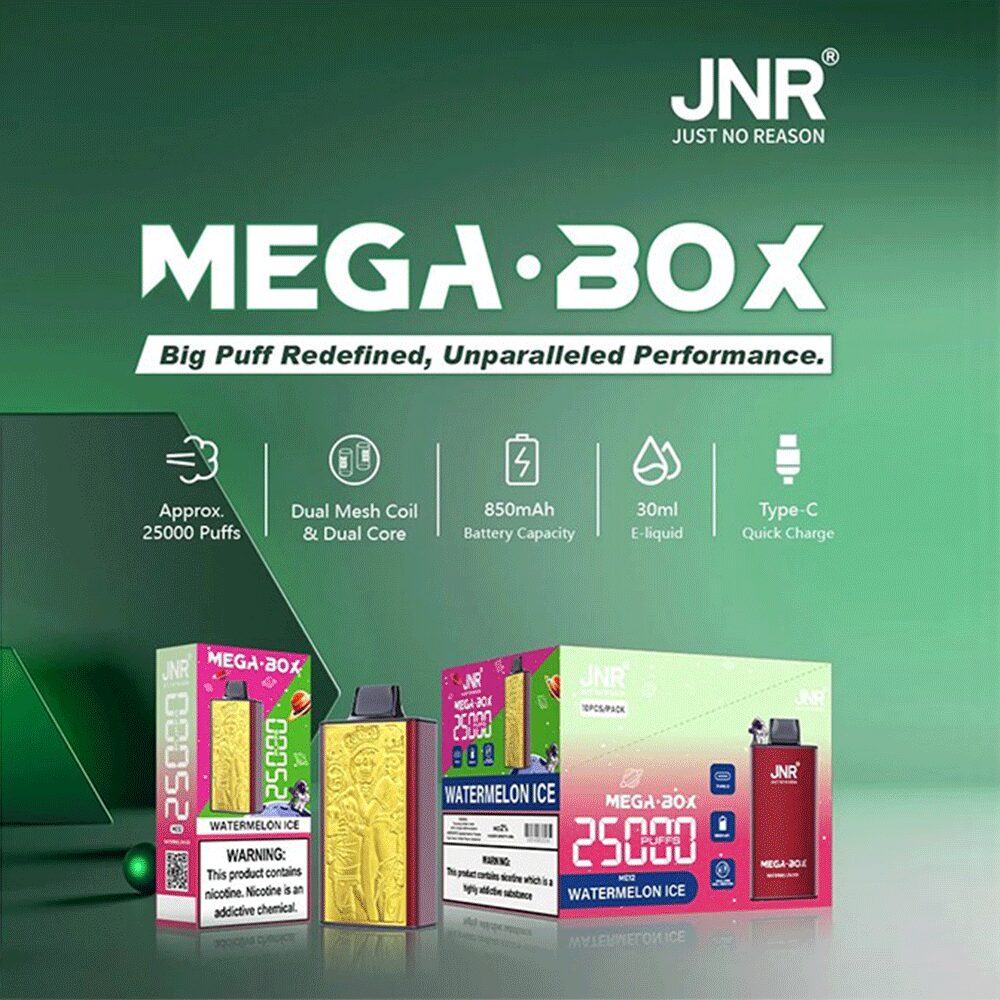 JNR Mega Box 25000 Puffs Edition Rechargeable Disposable Vape in Watermelon Ice flavor