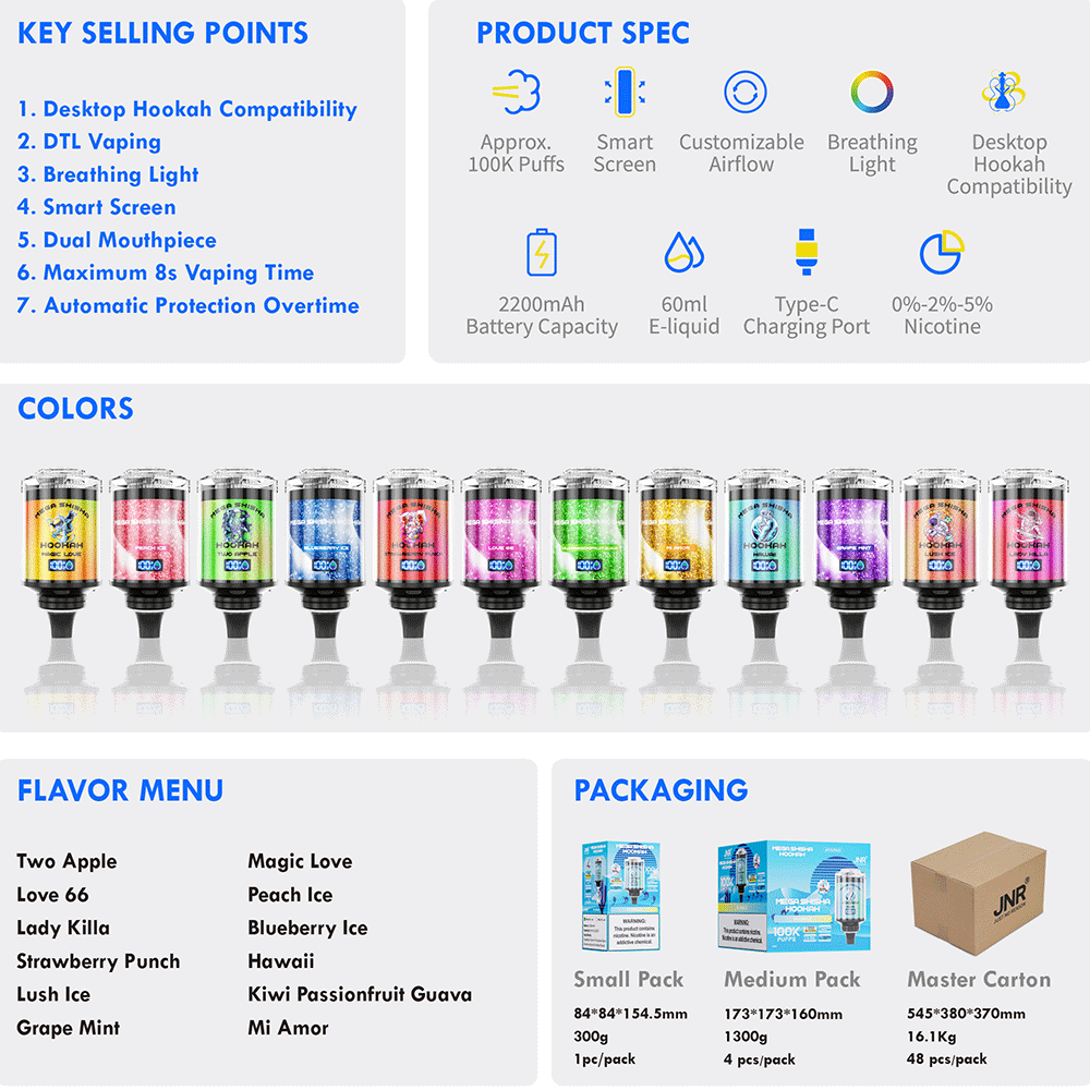 JNR Mega Shisha Hookah 100000 100K Puffs Large Capacity LED Display Disposable Vape random flavor option image