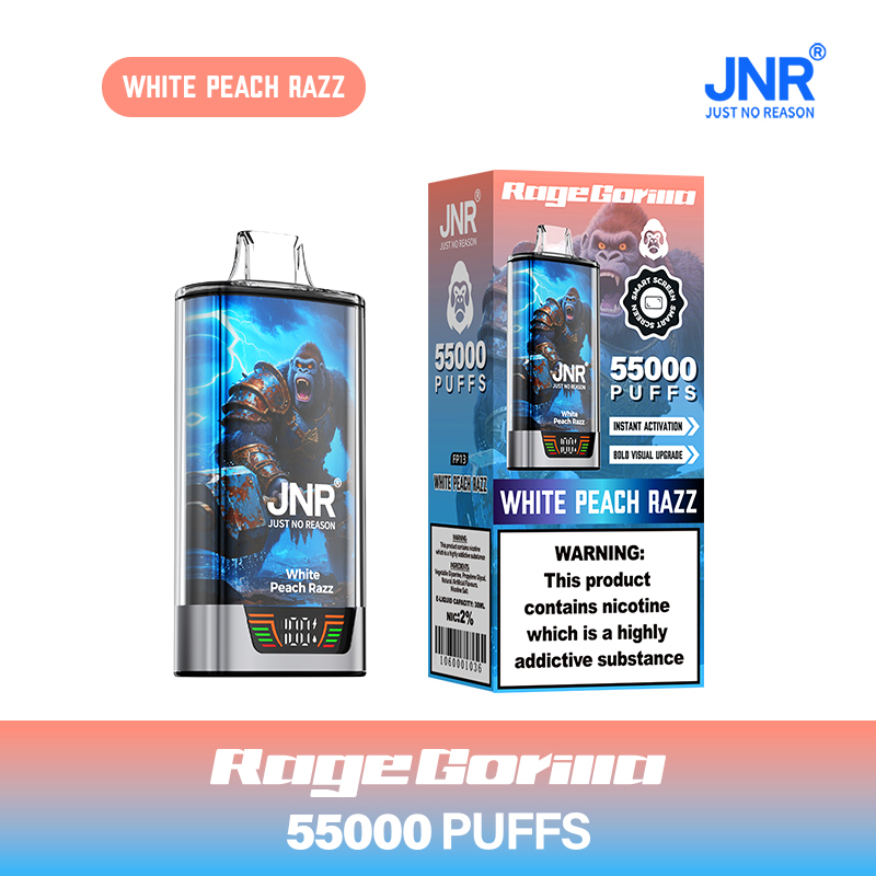 JNR Rage Gorilla 55K 55000 Puffs Smart Display Disposable Vape in White Peach Razz flavor