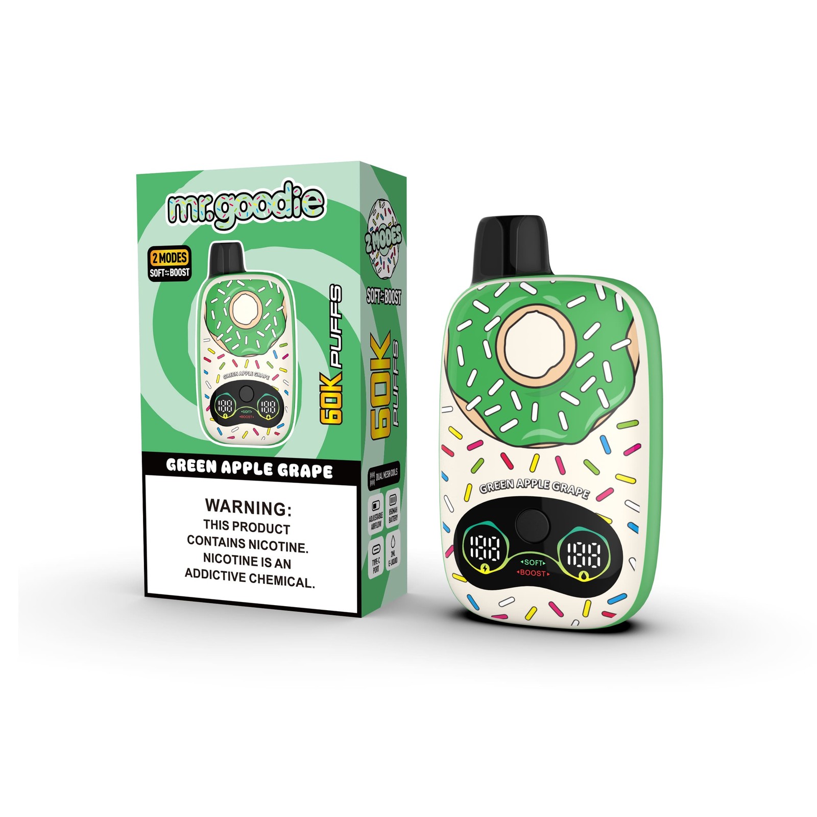 Mr.Goodie Donut 60000 60K Puffs Adjustable Airflow Dual Mesh Disposable Vape in Green Apple Grape flavor