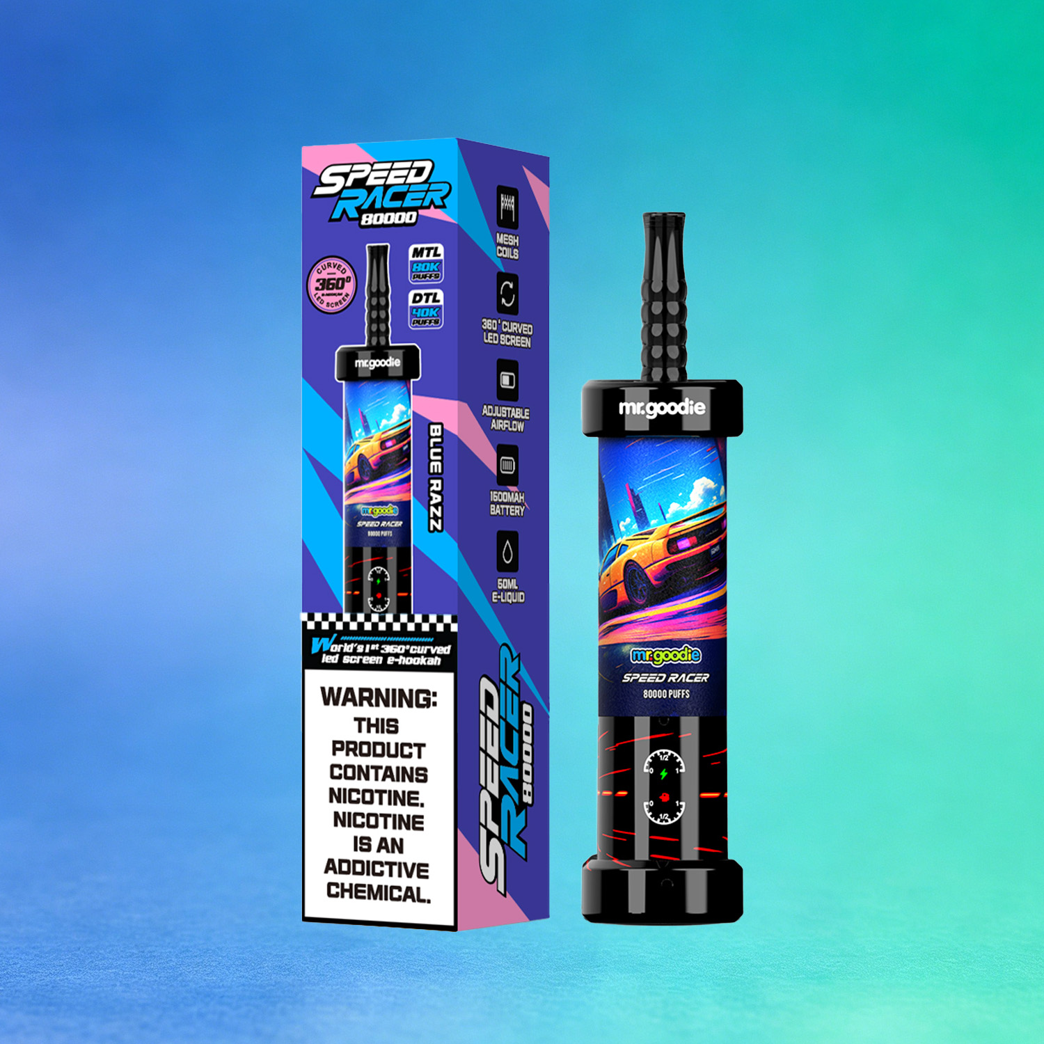 Mr. Goodie Speed Racer 80K 80000 Puffs Disposable Vape Dual Mode Rechargeable LED Display in Blue Razz flavor