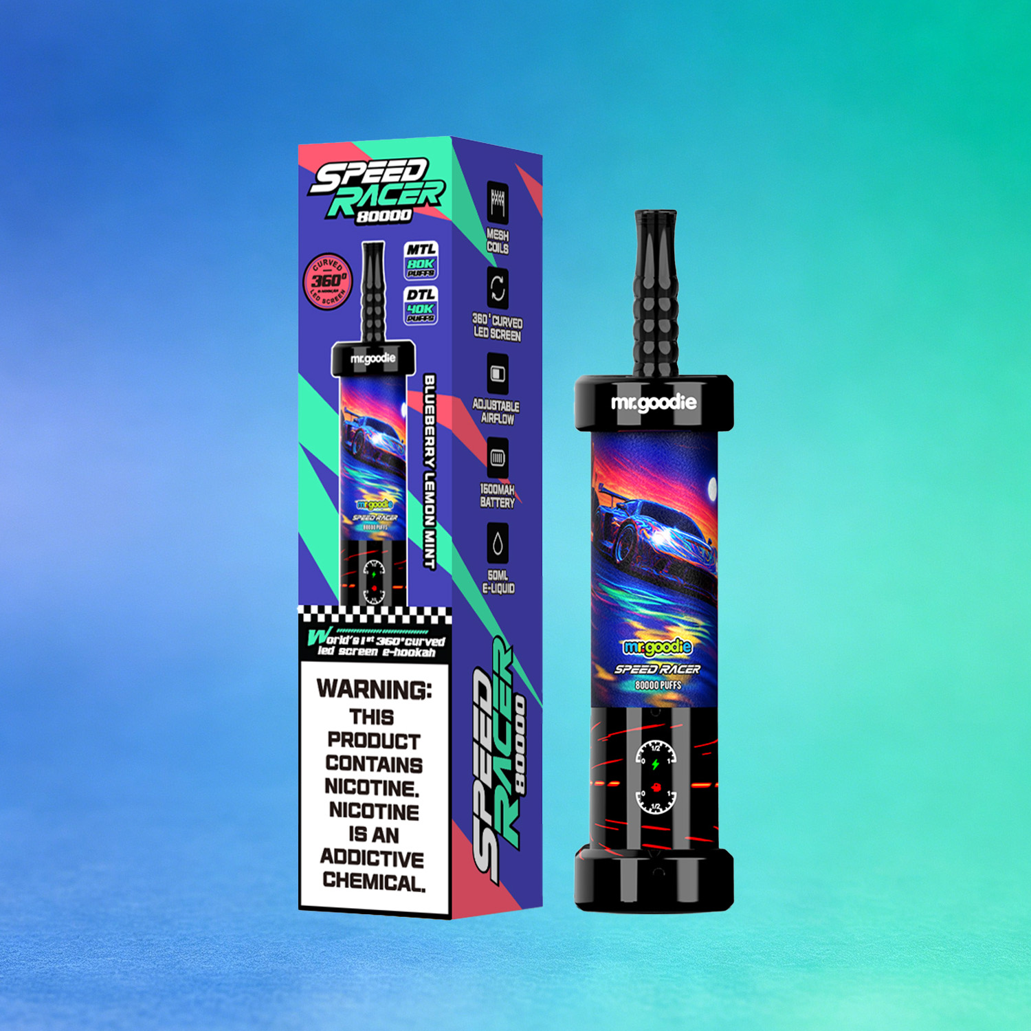 Mr. Goodie Speed Racer 80K 80000 Puffs Disposable Vape Dual Mode Rechargeable LED Display in Blueberry Lemon Mint flavor