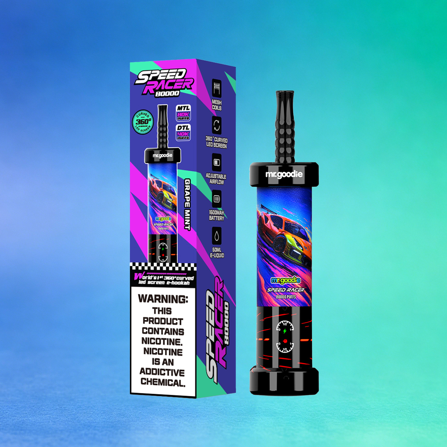 Mr. Goodie Speed Racer 80K 80000 Puffs Disposable Vape Dual Mode Rechargeable LED Display in Grape Mint flavor