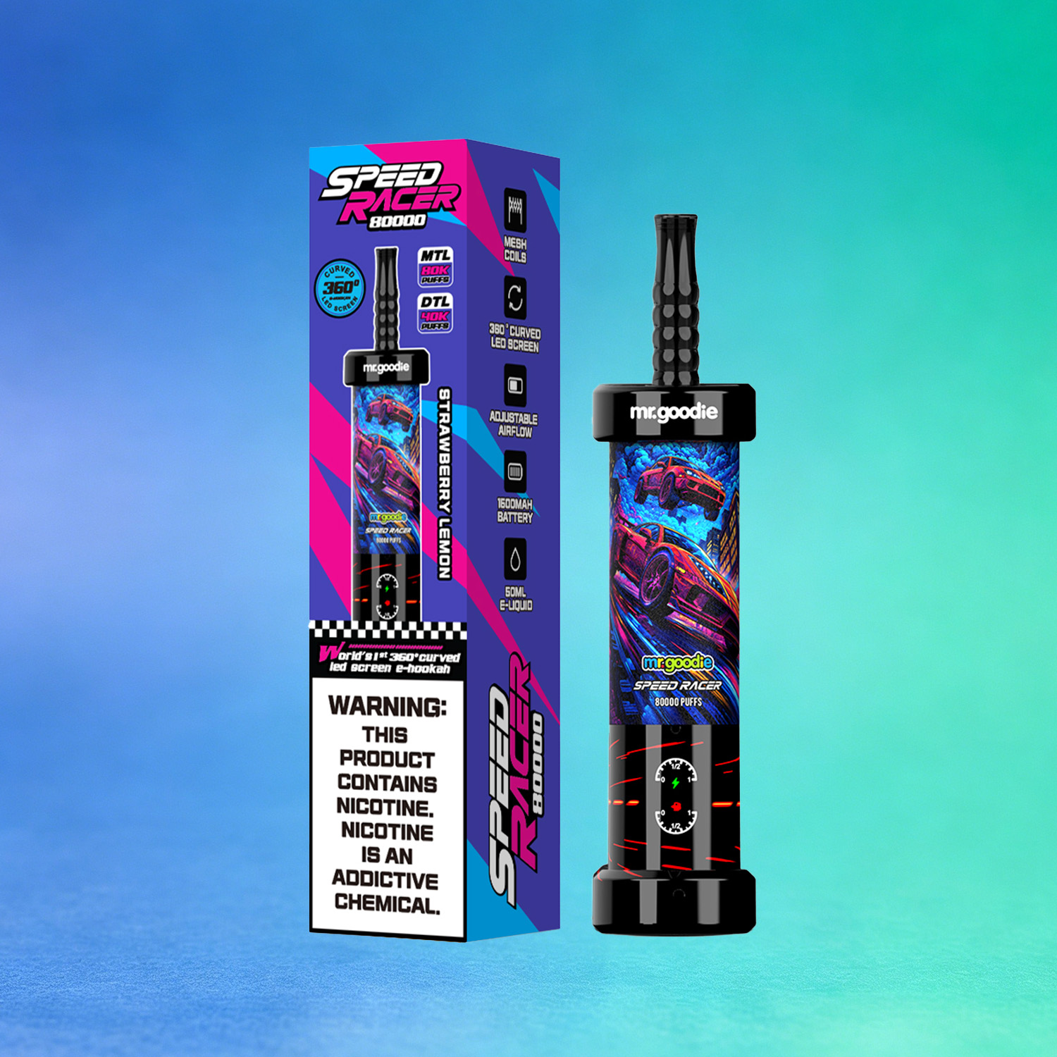 Mr. Goodie Speed Racer 80K 80000 Puffs Disposable Vape Dual Mode Rechargeable LED Display in Strawberry Lemon flavor