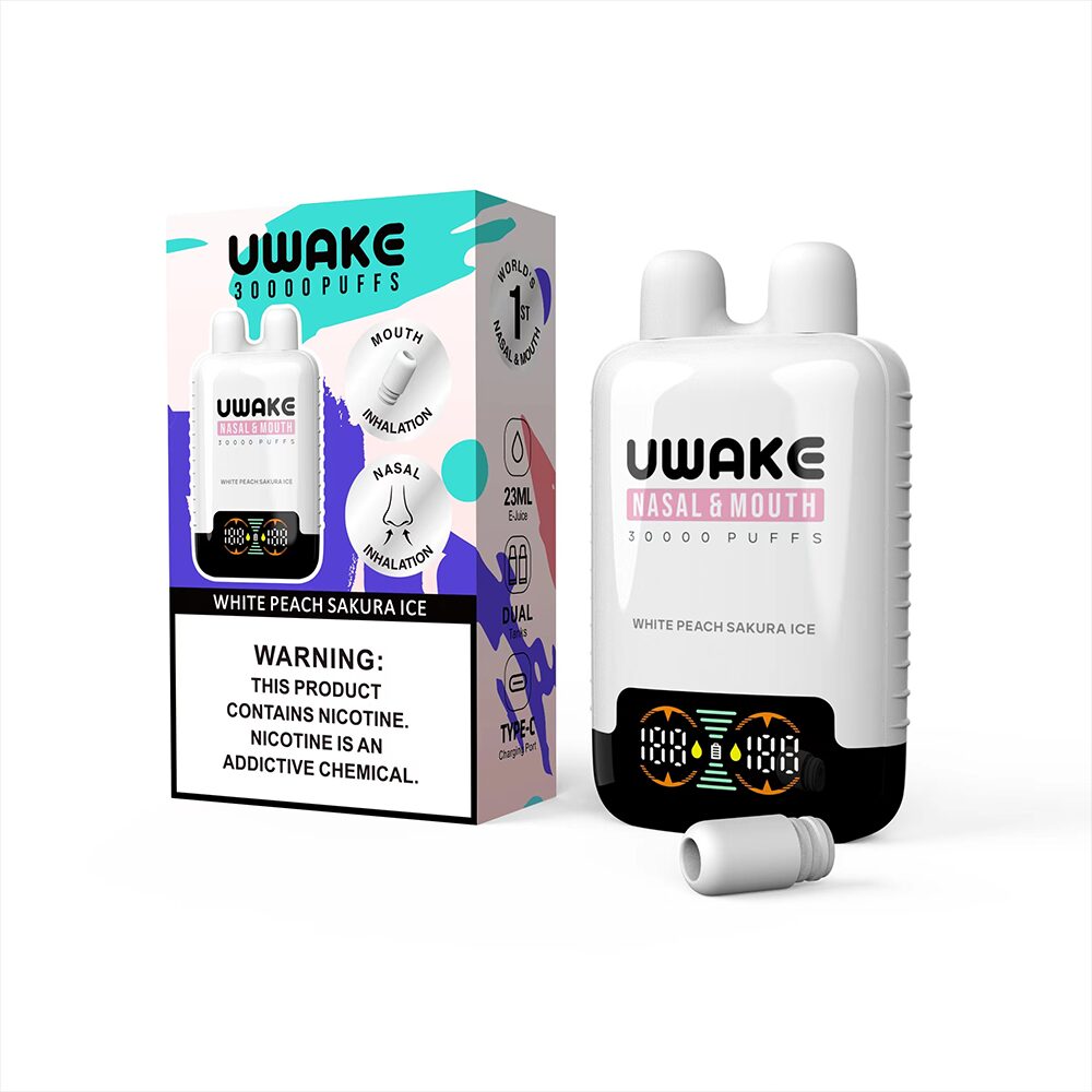 Mr.Goodie Uwake 30000 30K Puffs Nasal & Mouth Inhalation LED Display Disposable Vape in White Peach Sakura Ice flavor