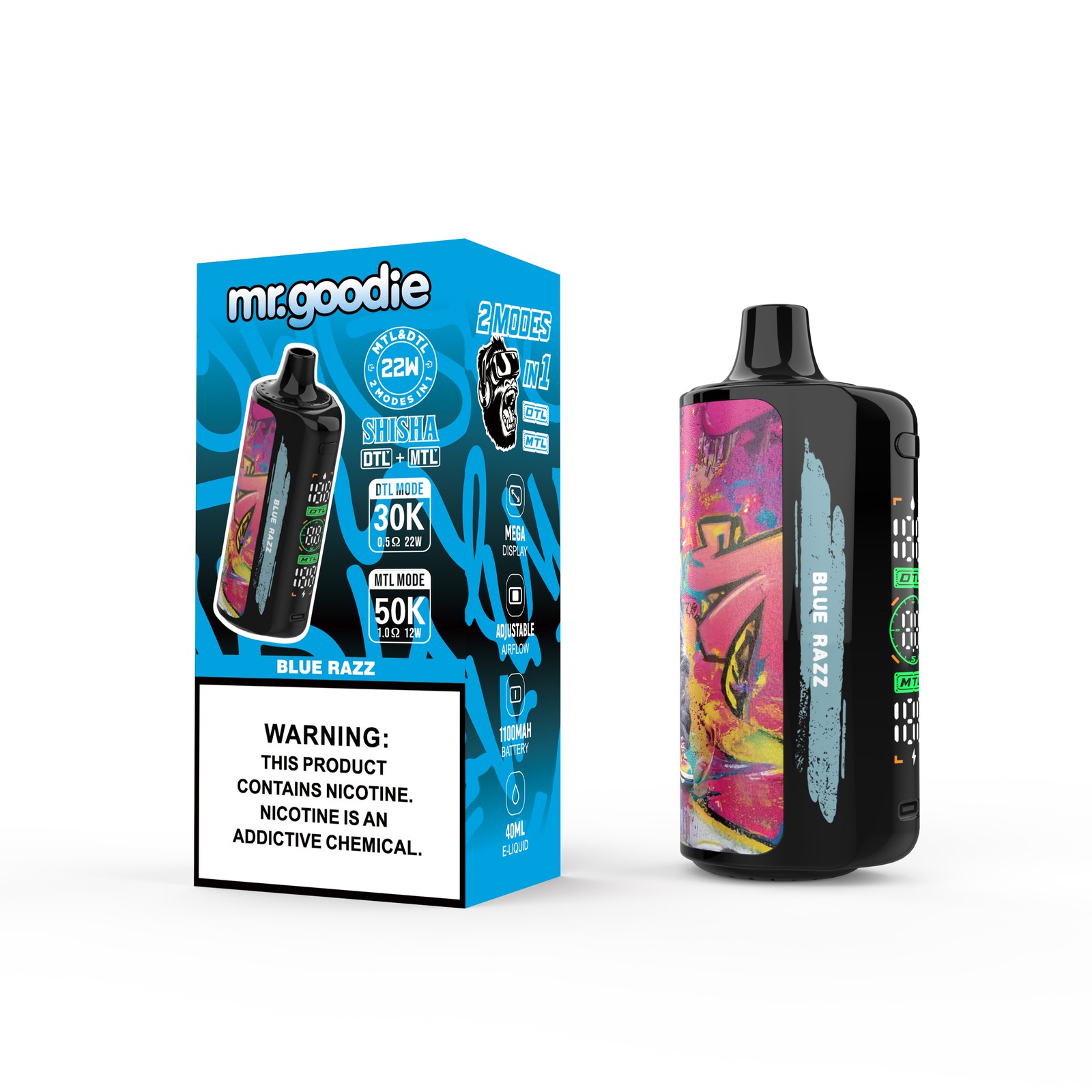 Mr.Goodie Shisha 50000 50K Puffs DTL & MTL LCD Display Disposable Vape in Blue Razz flavor