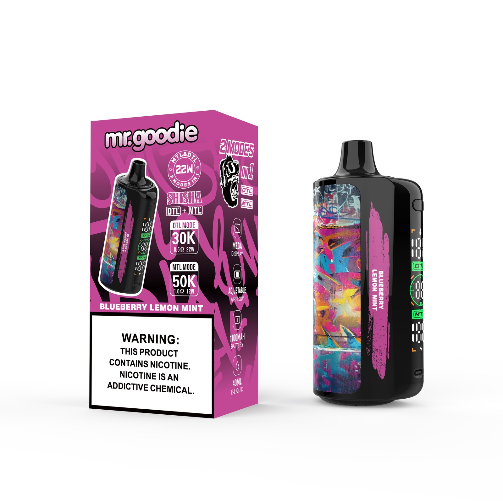 Mr.Goodie Shisha 50000 50K Puffs DTL & MTL LCD Display Disposable Vape in Blueberry Lemon Mint flavor