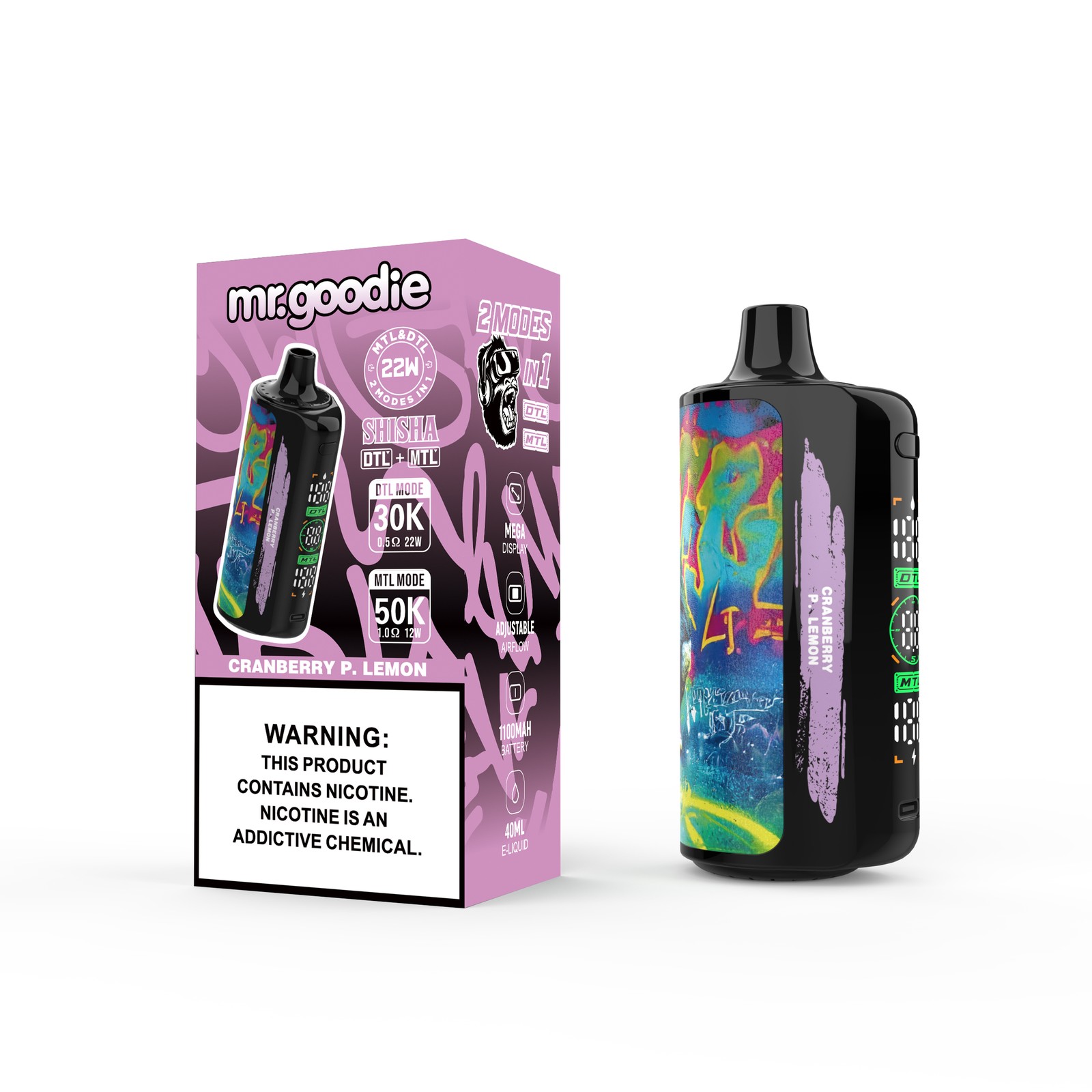 Mr.Goodie Shisha 50000 50K Puffs DTL & MTL LCD Display Disposable Vape in Cranberry P. Lemon flavor