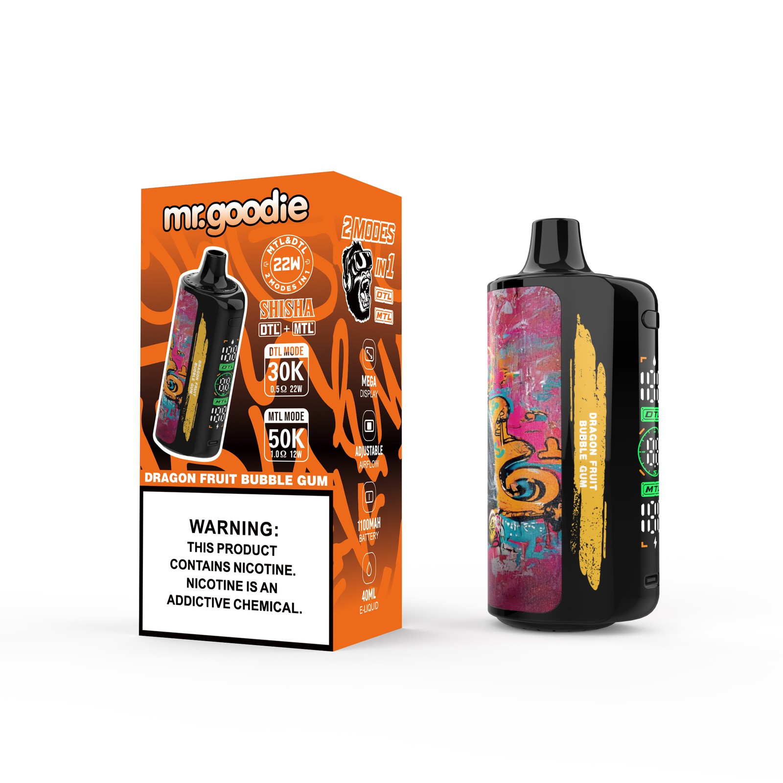 Mr.Goodie Shisha 50000 50K Puffs DTL & MTL LCD Display Disposable Vape in Dragon Fruit Bubble Gum flavor
