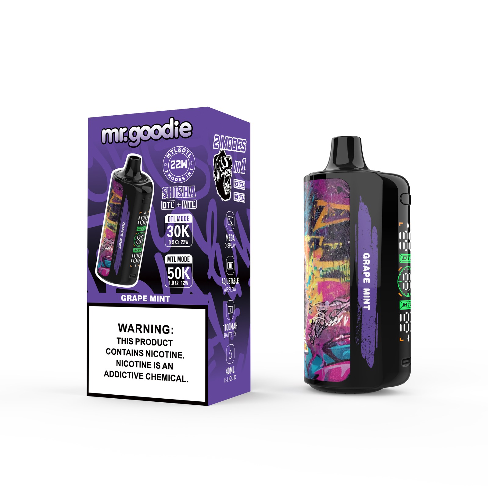 Mr.Goodie Shisha 50000 50K Puffs DTL & MTL LCD Display Disposable Vape in Grape Mint flavor