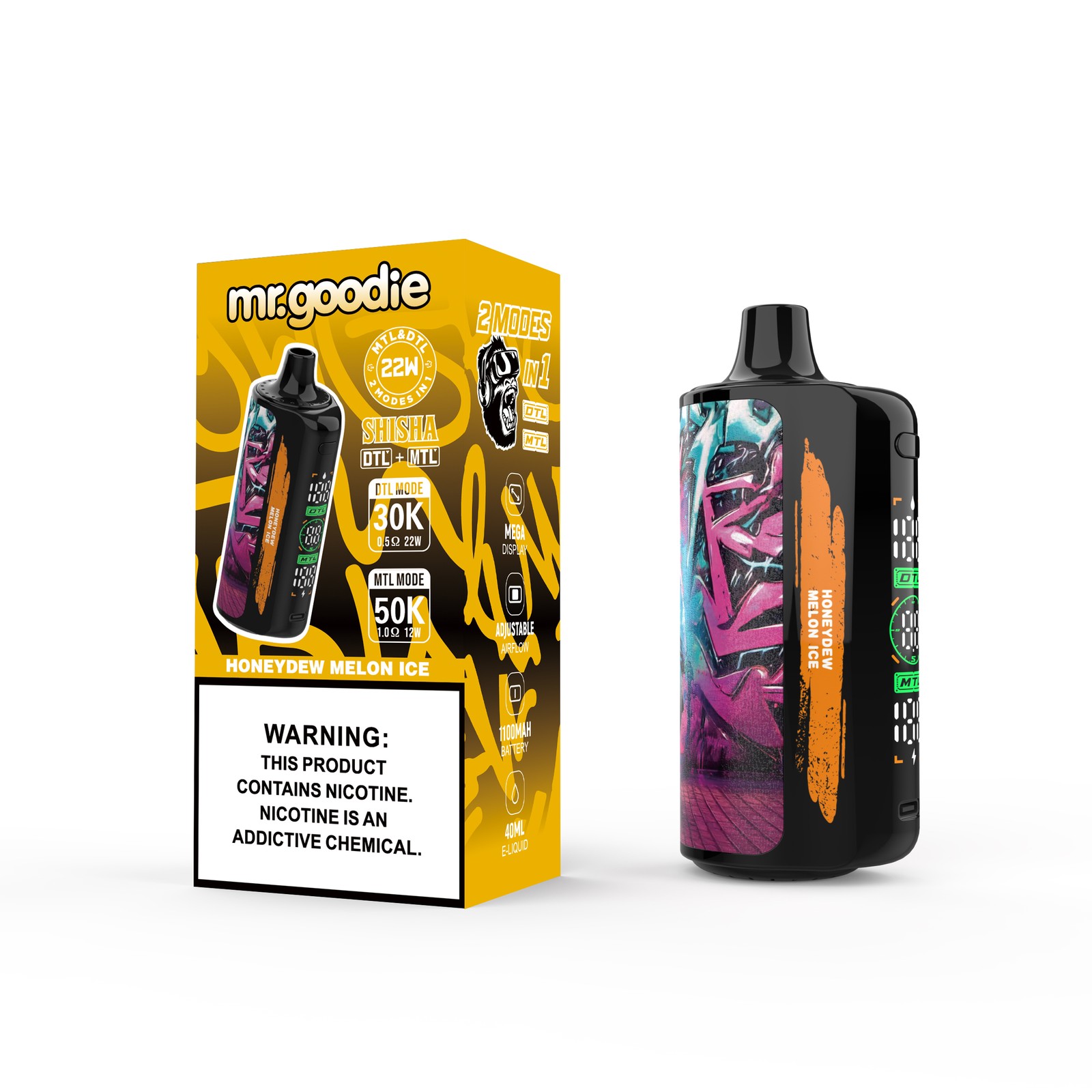 Mr.Goodie Shisha 50000 50K Puffs DTL & MTL LCD Display Disposable Vape in Honeydew Melon Ice flavor