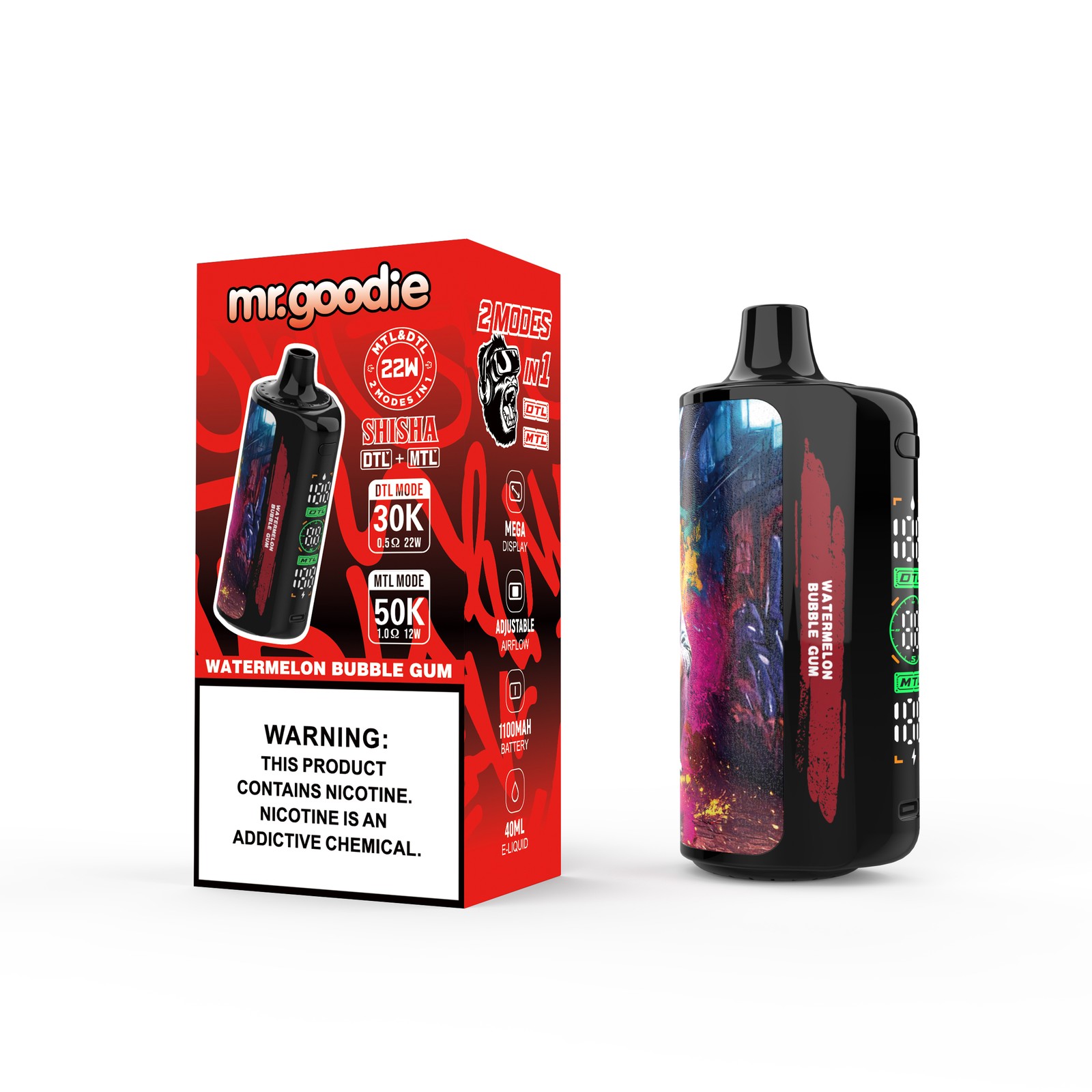 Mr.Goodie Shisha 50000 50K Puffs DTL & MTL LCD Display Disposable Vape in Watermelon Bubble Gum flavor