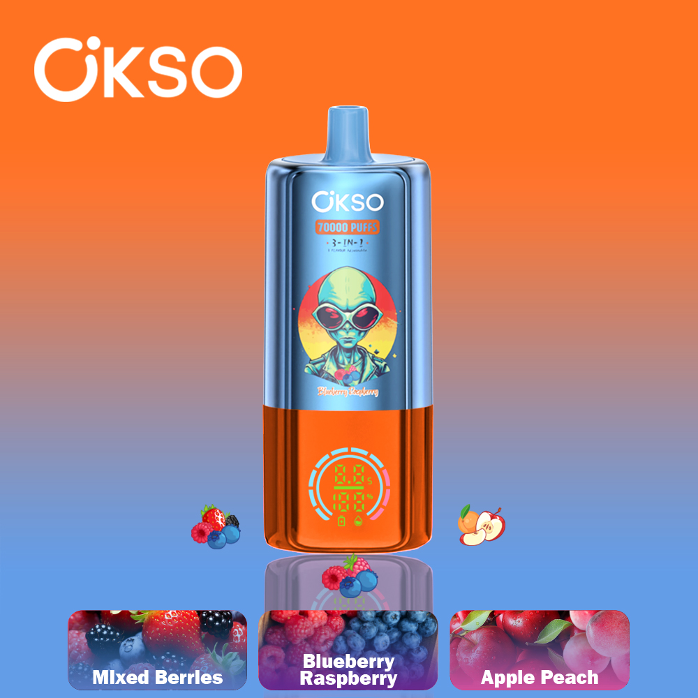 OKSO 3-IN-1 70000 70K Puffs 3 Flavors Adjustable LED Display Disposable Vape in Blueberry Raspberry/Mixed Berries/Apple Peach flavor