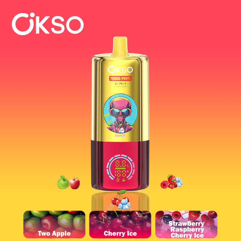 OKSO 3-IN-1 70000 70K Puffs 3 Flavors Adjustable LED Display Disposable Vape in Cherry Ice/Two Apple/Strawberry Raspberry Cherry Ice flavor