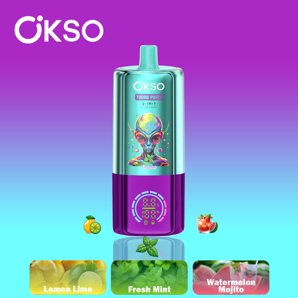 OKSO 3-IN-1 70000 70K Puffs 3 Flavors Adjustable LED Display Disposable Vape in Fresh Mint/Lemon Lime/Watermelon Mojito flavor