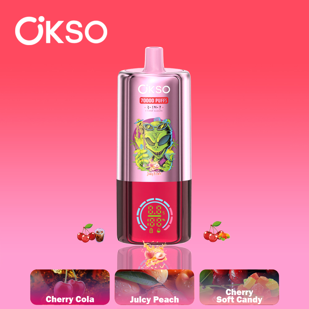 OKSO 3-IN-1 70000 70K Puffs 3 Flavors Adjustable LED Display Disposable Vape in Juicy Peach/Cherry Cola/Cherry Soft Candy flavor