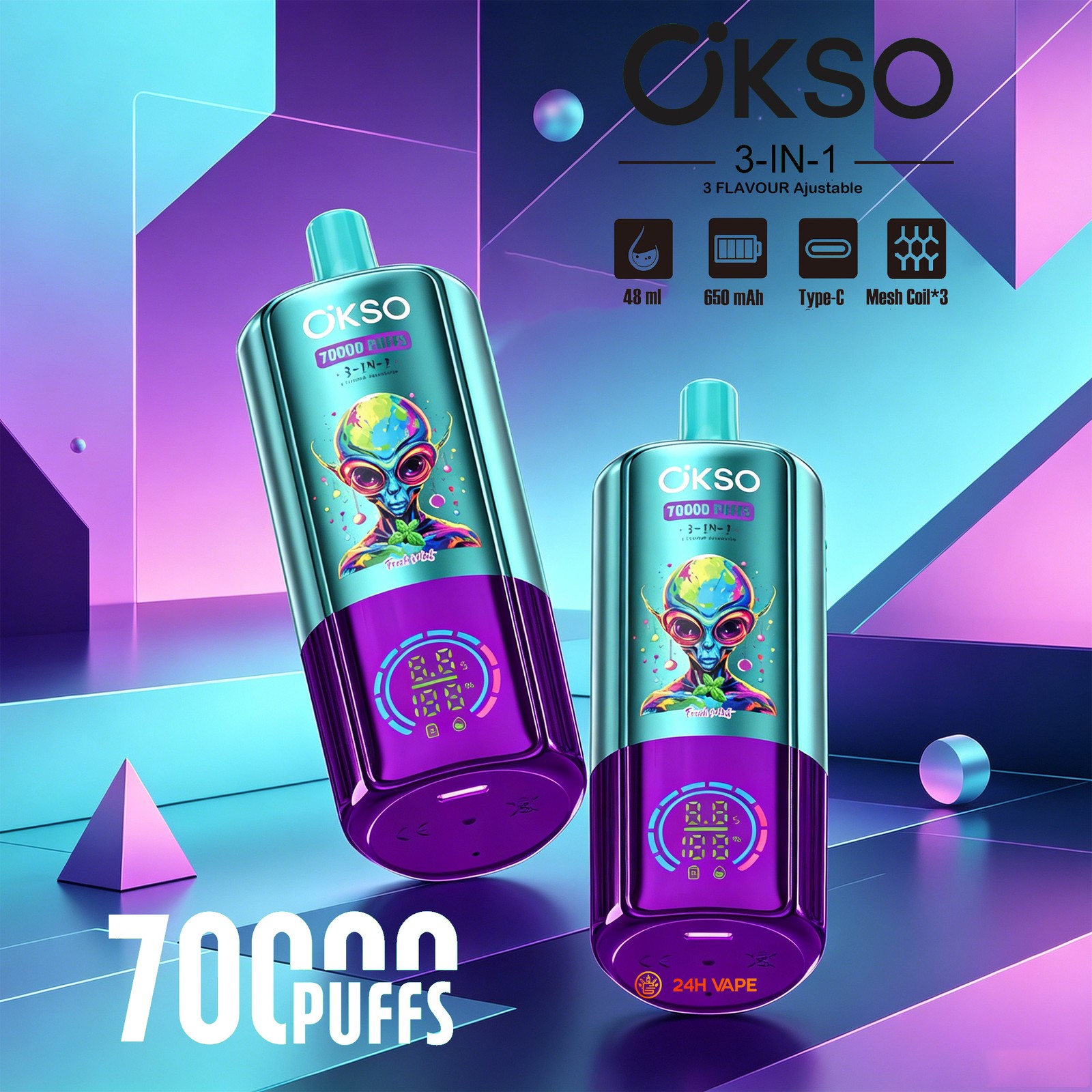 OKSO 3-IN-1 70000 70K Puffs 3 Flavors Adjustable LED Display Disposable Vape product image