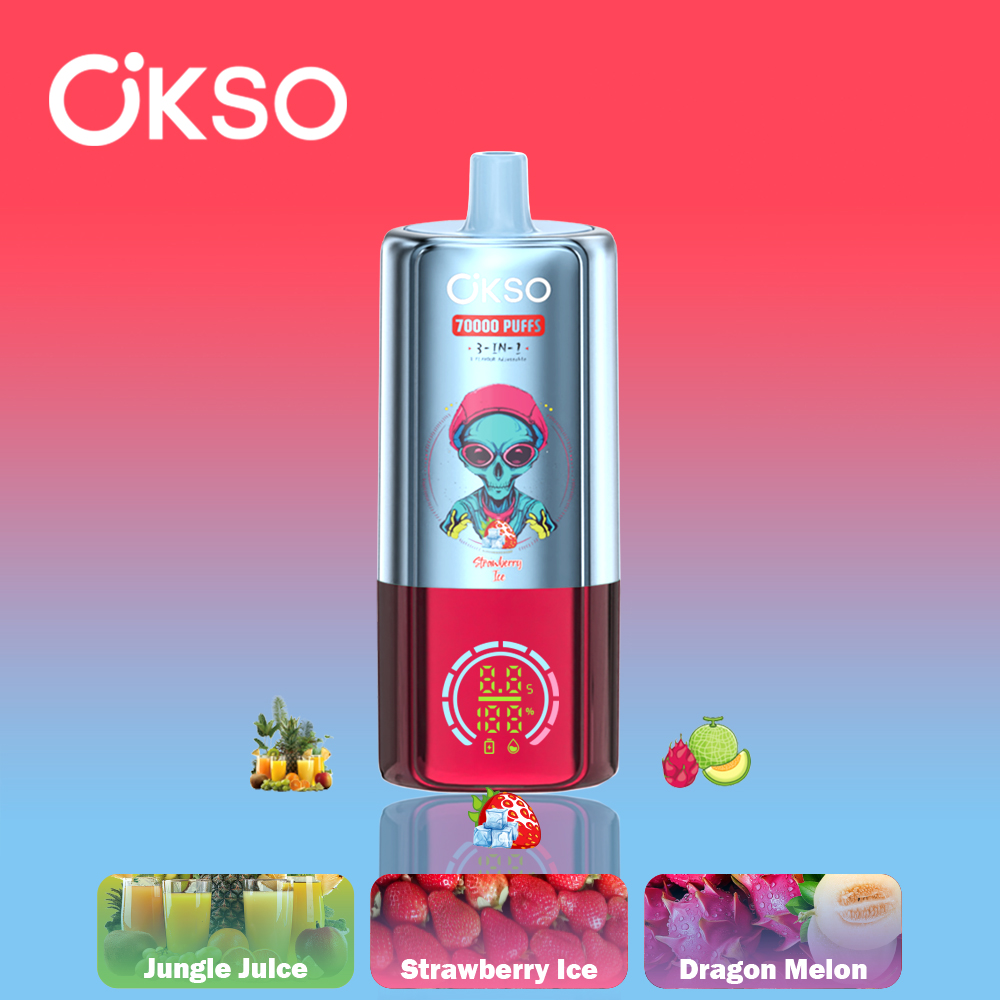 OKSO 3-IN-1 70000 70K Puffs 3 Flavors Adjustable LED Display Disposable Vape in Strawberry Ice/Jungle Juice/Dragon Melon flavor