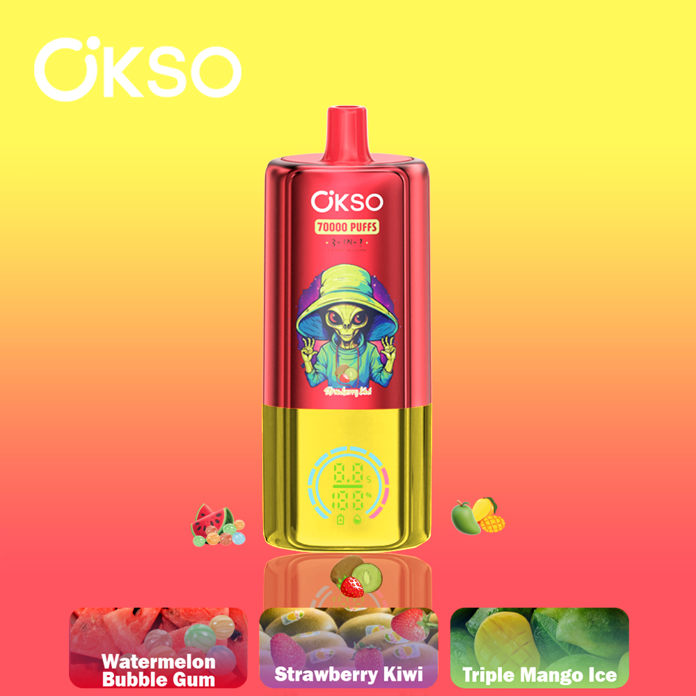 OKSO 3-IN-1 70000 70K Puffs 3 Flavors Adjustable LED Display Disposable Vape in Strawberry Kiwi/Watermelon Bubble Gum/Triple Mango Ice flavor