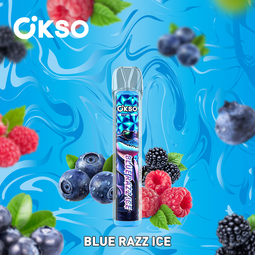 OKSO Crystal Bar 800 Puffs 0% 2% 3% 5% Nicotine Disposable in okso crystal bar 800 blue razz ice flavor