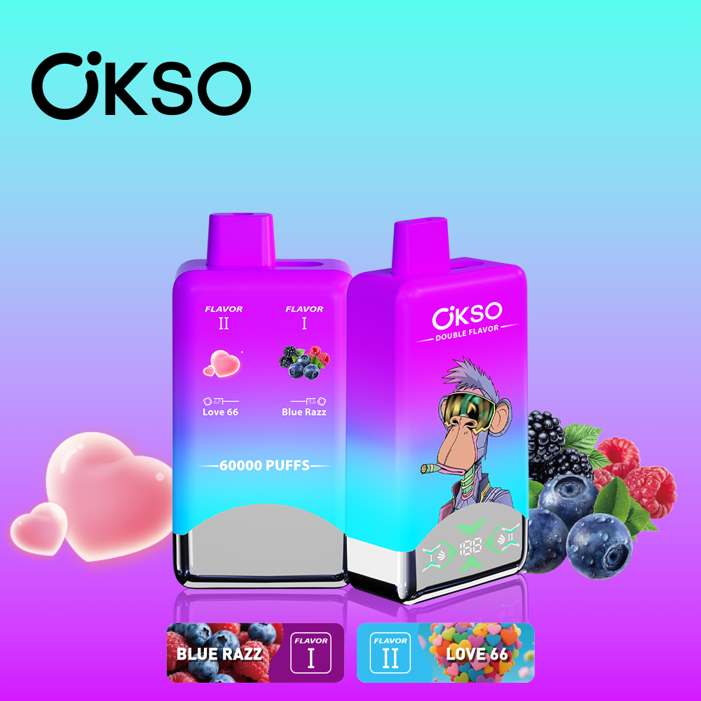 OKSO Double Flavor 60000 60K Puffs Double Taste LED Display Disposable Vape in Blue Razz & Love 66 flavor