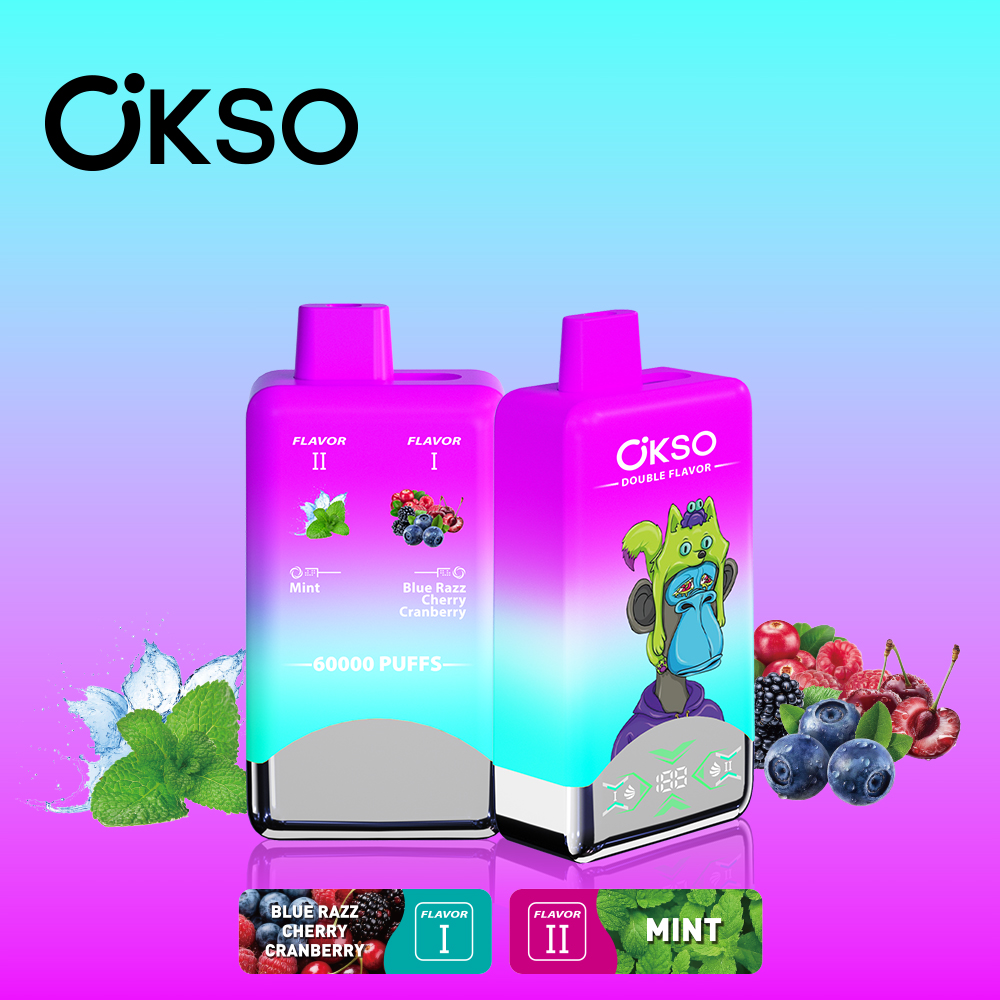OKSO Double Flavor 60000 60K Puffs Double Taste LED Display Disposable Vape in Blue Razz Cherry Cranberry & Mint flavor