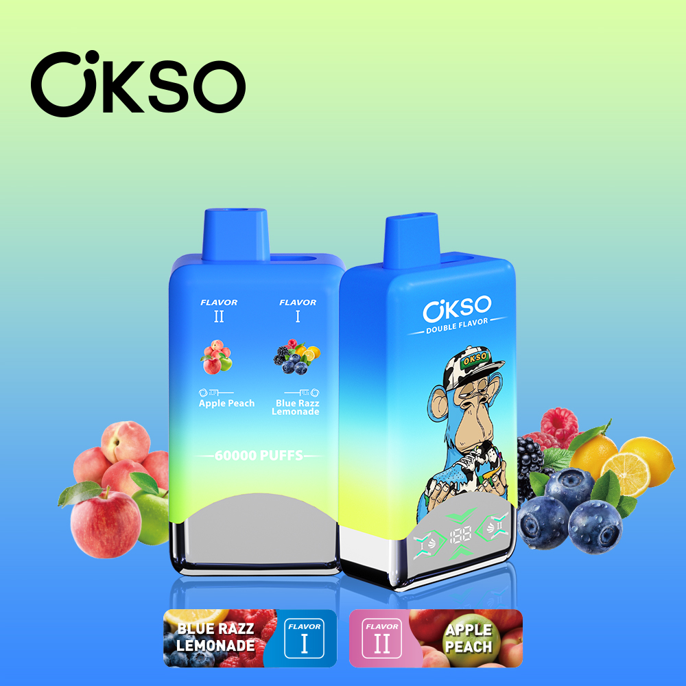 OKSO Double Flavor 60000 60K Puffs Double Taste LED Display Disposable Vape in Blue Razz Lemonade & Apple Peach flavor