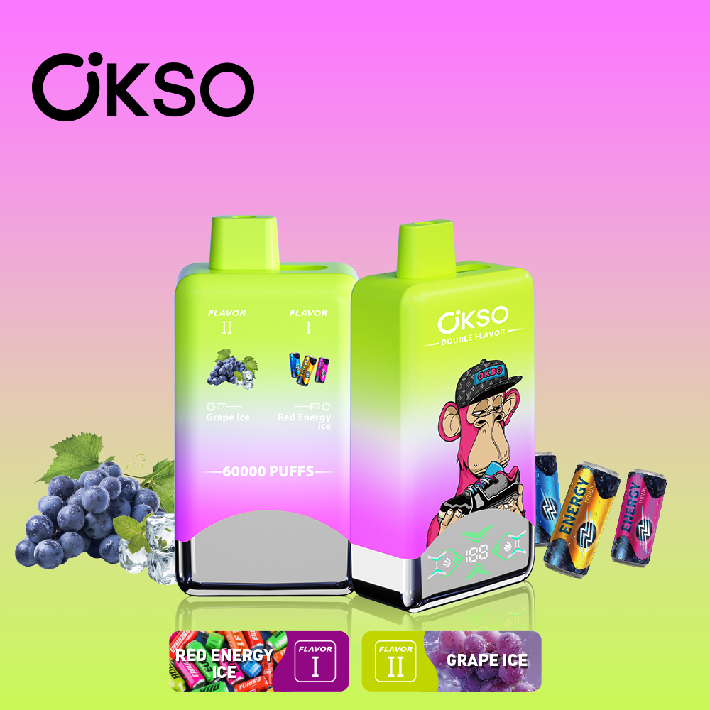 OKSO Double Flavor 60000 60K Puffs Double Taste LED Display Disposable Vape in Red Energy Ice & Grape ice flavor