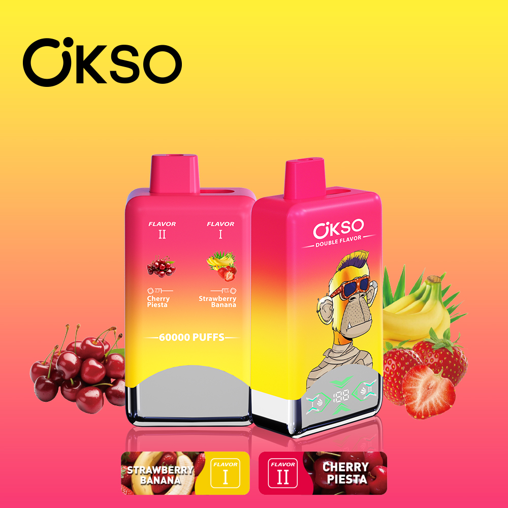 OKSO Double Flavor 60000 60K Puffs Double Taste LED Display Disposable Vape in Strawberry Banana & Cherry Fiesta flavor