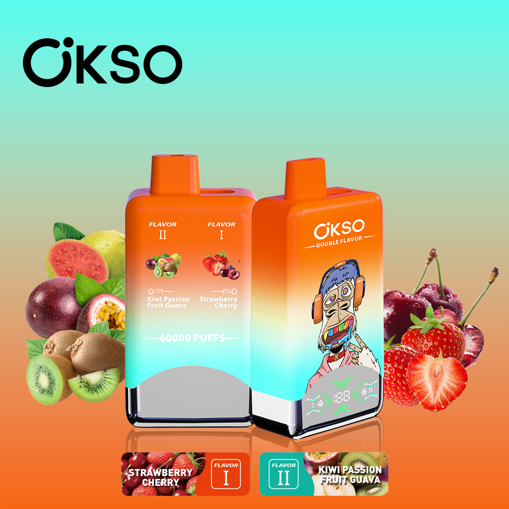 OKSO Double Flavor 60000 60K Puffs Double Taste LED Display Disposable Vape in Strawberry Cherry & Kiwi Passion Fruit Guava flavor