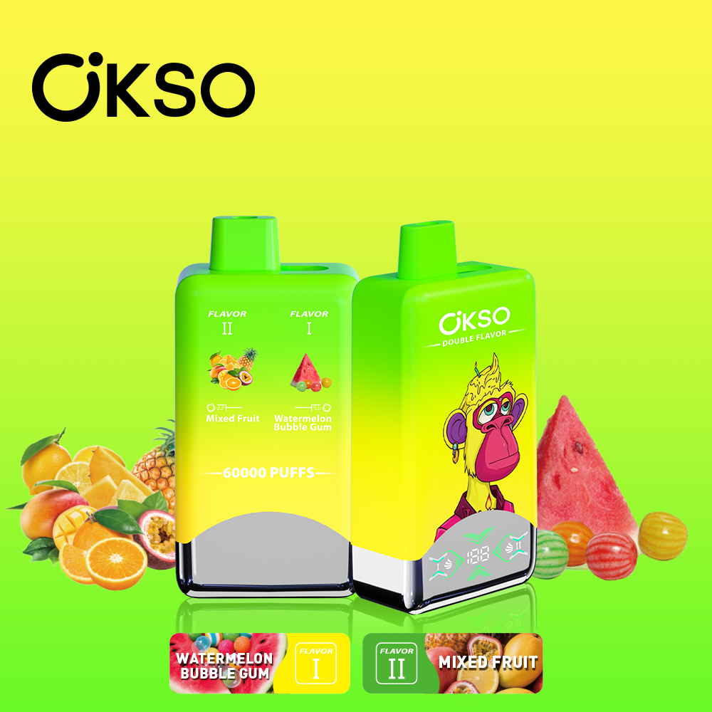 OKSO Double Flavor 60000 60K Puffs Double Taste LED Display Disposable Vape in Watermelon Bubble Gum & Mixed Fruit flavor