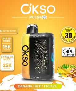 OKSO Pulse X 25000 25K Puffs Pulse/Regular Mode LED Display Disposable Vape in Banana Taffy Freeze flavor
