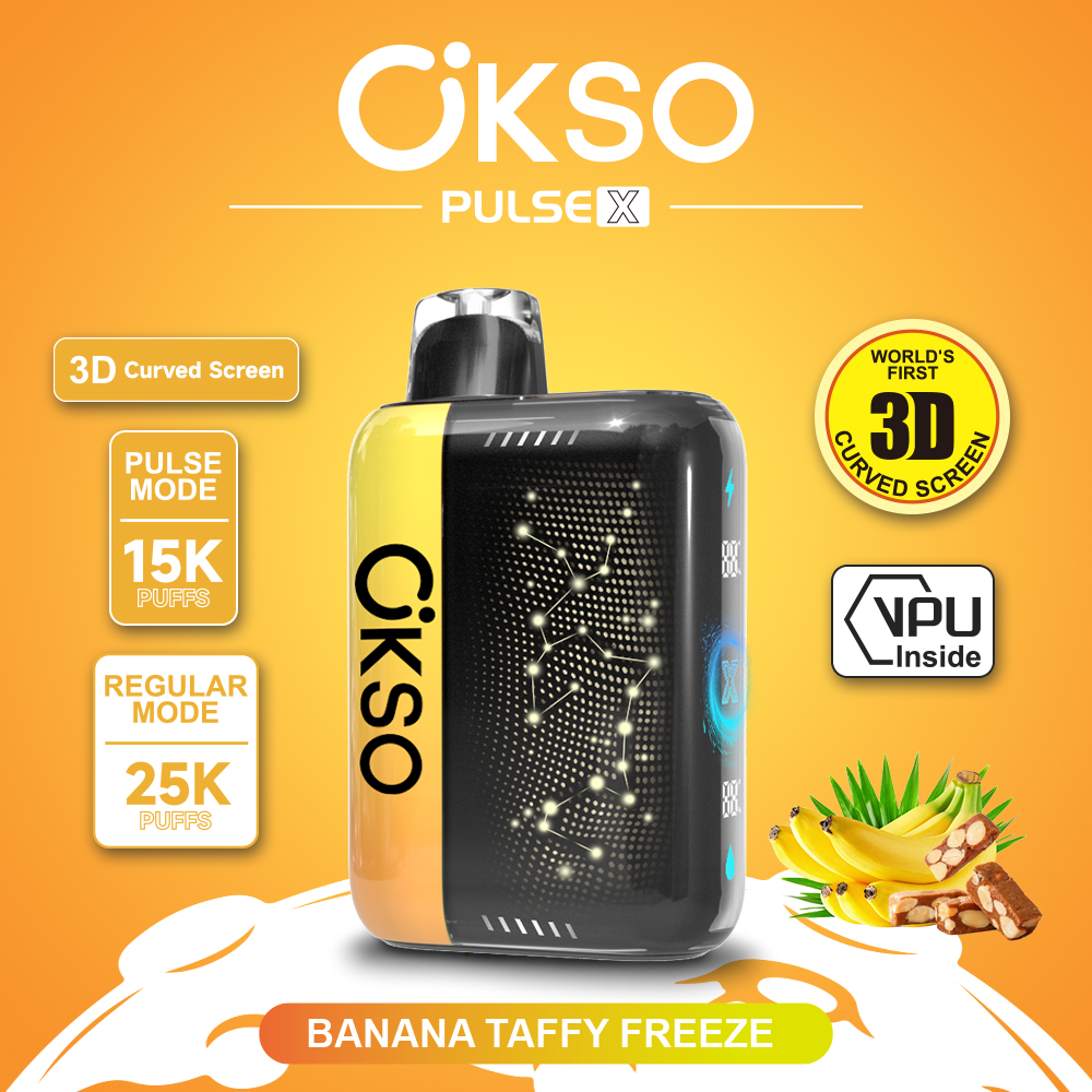 OKSO Pulse X 25000 25K Puffs Pulse/Regular Mode LED Display Disposable Vape in Banana Taffy Freeze flavor