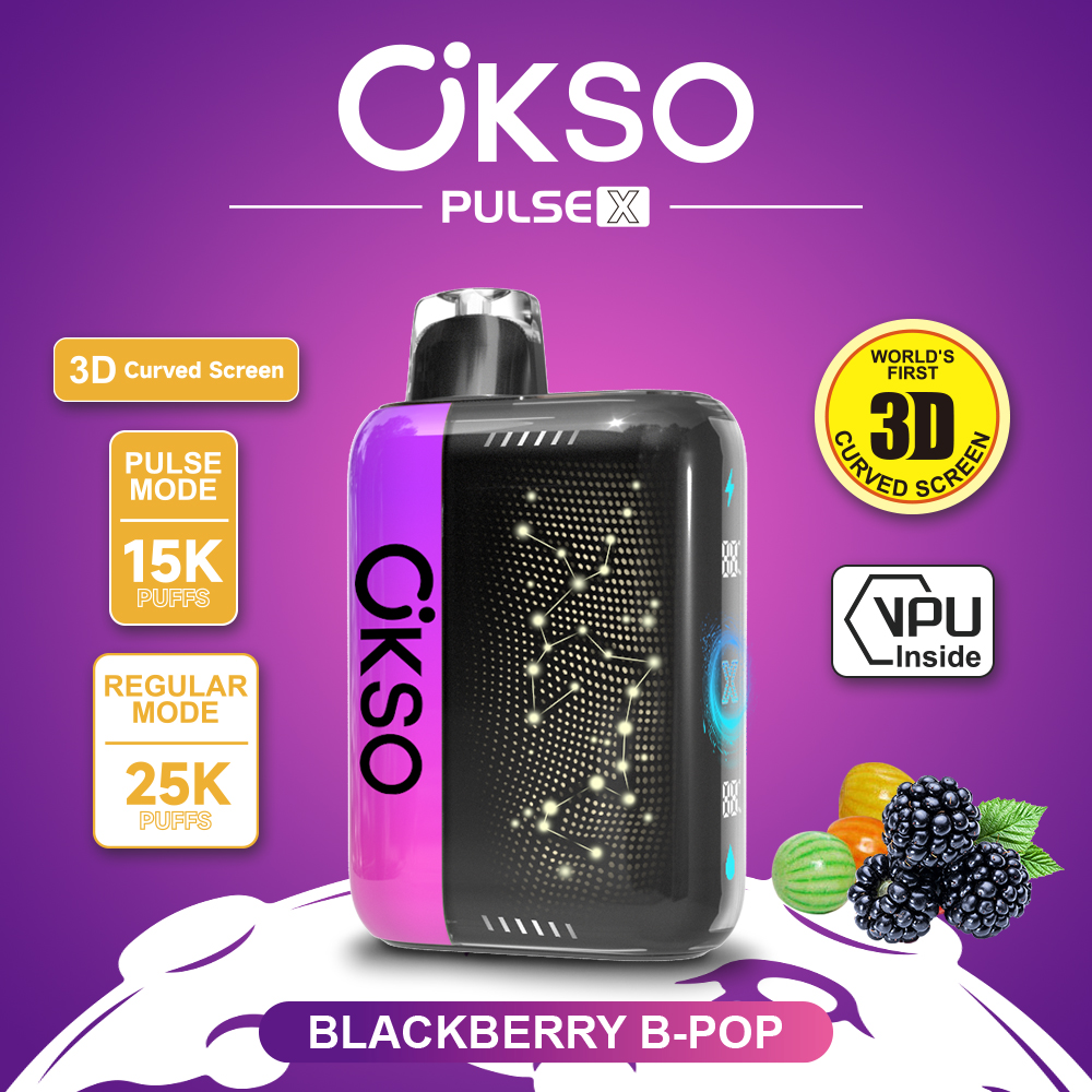 OKSO Pulse X 25000 25K Puffs Pulse/Regular Mode LED Display Disposable Vape in Blackberry B-Pop flavor