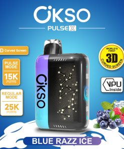 OKSO Pulse X 25000 25K Puffs Pulse/Regular Mode LED Display Disposable Vape in Blue Razz Ice flavor