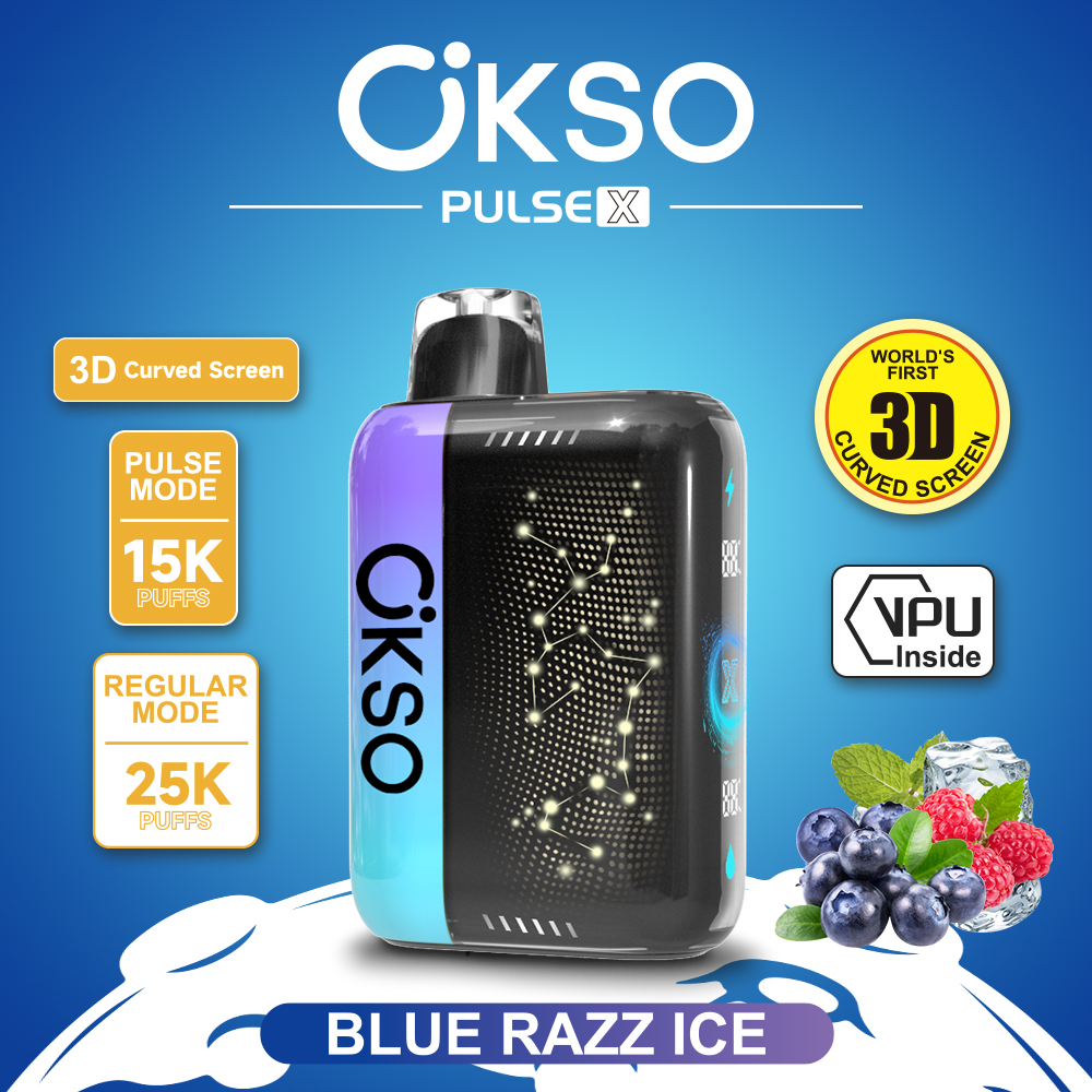 OKSO Pulse X 25000 25K Puffs Pulse/Regular Mode LED Display Disposable Vape in Blue Razz Ice flavor