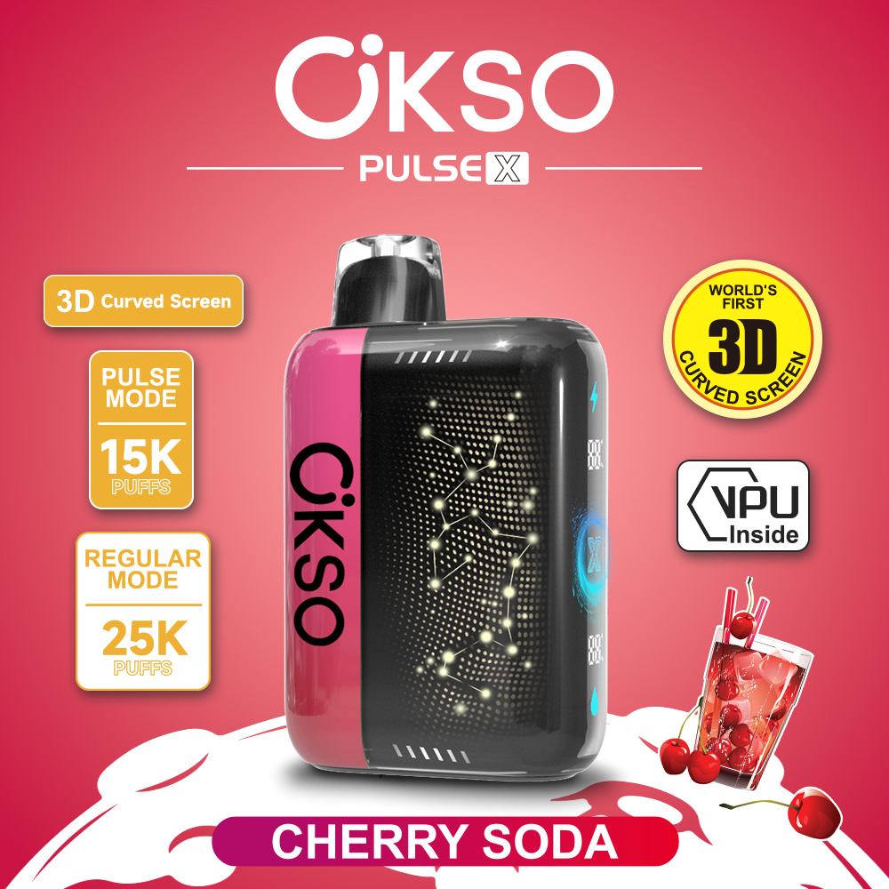 OKSO Pulse X 25000 25K Puffs Pulse/Regular Mode LED Display Disposable Vape in Cherry Soda flavor
