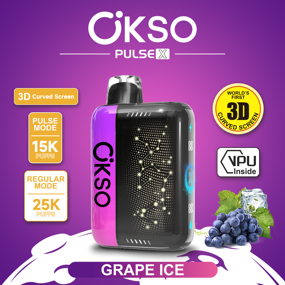 OKSO Pulse X 25000 25K Puffs Pulse/Regular Mode LED Display Disposable Vape in Grape Ice flavor