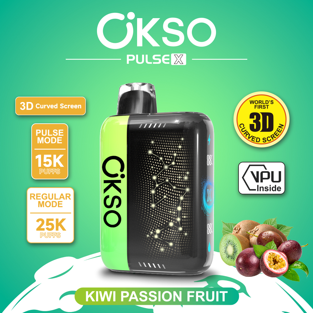 OKSO Pulse X 25000 25K Puffs Pulse/Regular Mode LED Display Disposable Vape in Kiwi Passion Fruit flavor