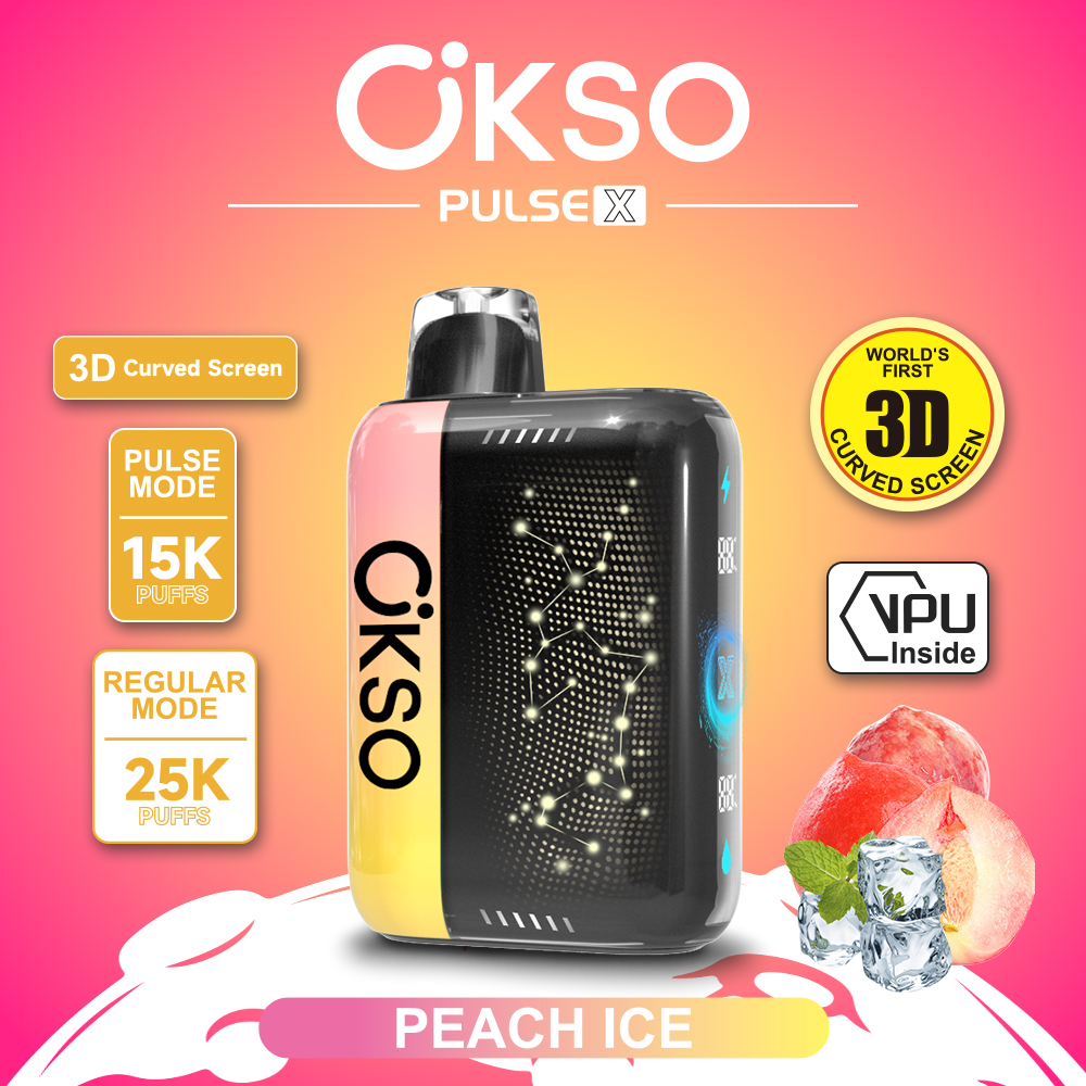 OKSO Pulse X 25000 25K Puffs Pulse/Regular Mode LED Display Disposable Vape in Peach Ice flavor